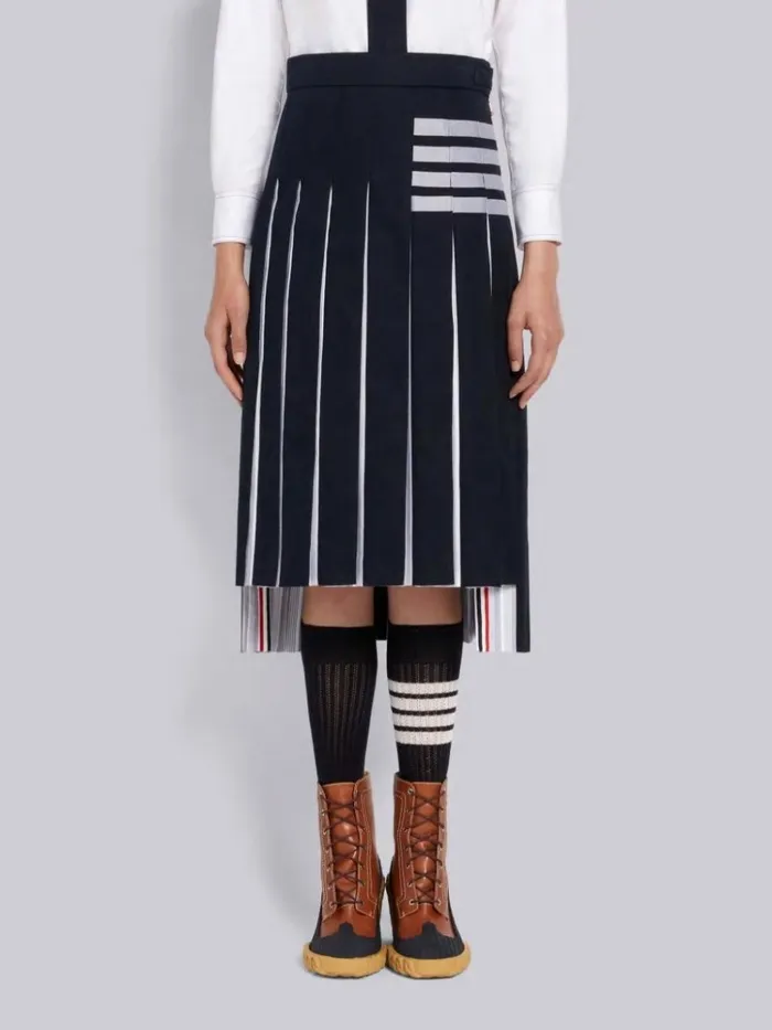 Cotton Twill And Striped Oxford Engineered 4bar Below The Knee Dropped Back Pleated Skirt Navy Women Thom Browne Skirts