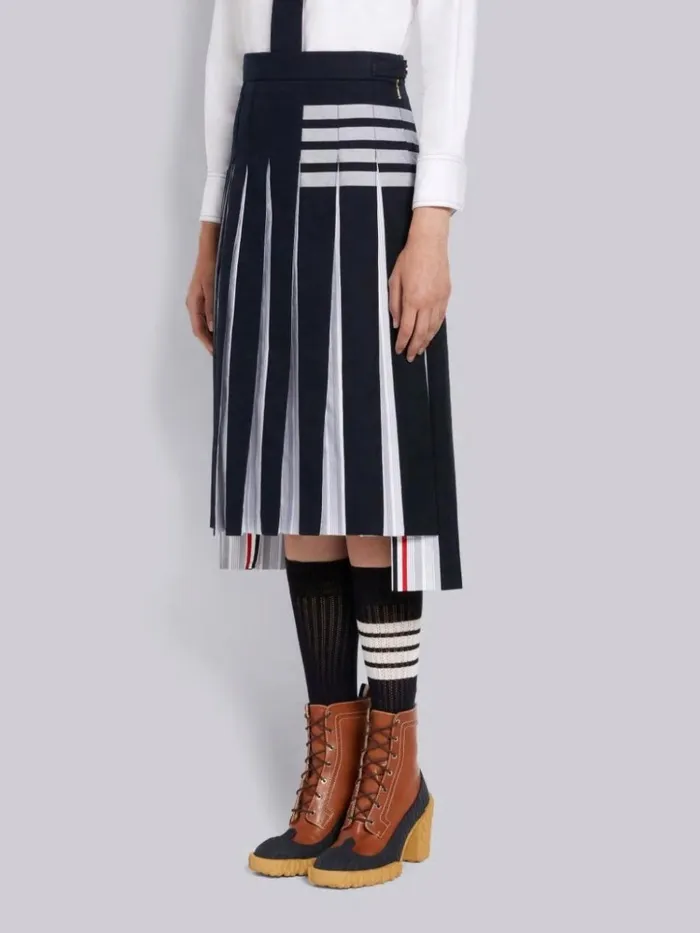 Cotton Twill And Striped Oxford Engineered 4bar Below The Knee Dropped Back Pleated Skirt Navy Women Thom Browne Skirts