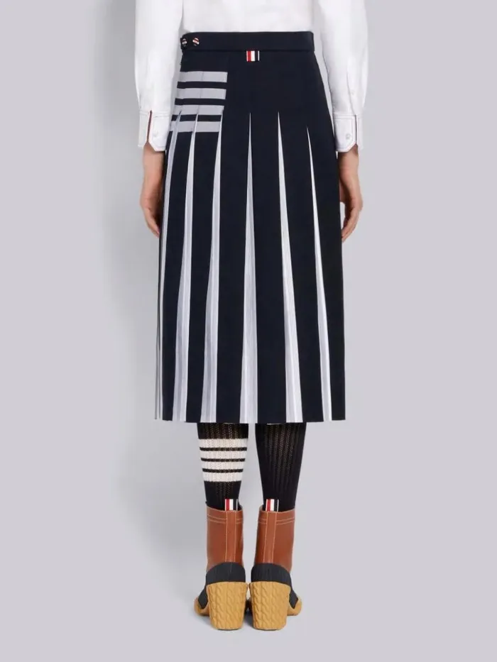 Cotton Twill And Striped Oxford Engineered 4bar Below The Knee Dropped Back Pleated Skirt Navy Women Thom Browne Skirts