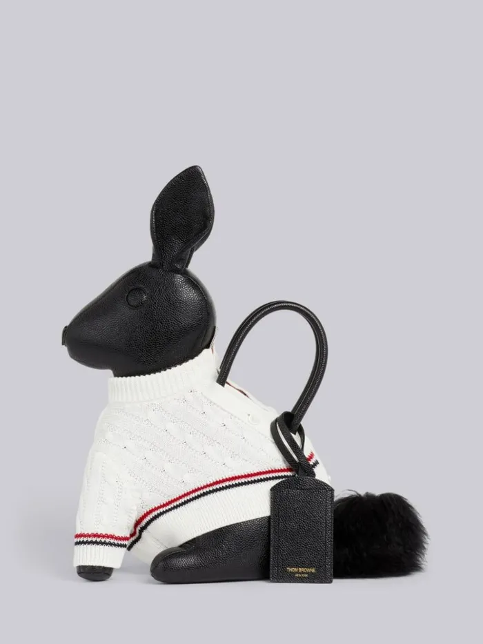 Pebbled Calfskin Cotton Aran Cable Sweater Rabbit Bag Black WomenMen Thom Browne Handbags and Totes