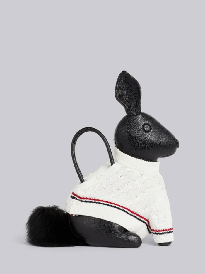 Pebbled Calfskin Cotton Aran Cable Sweater Rabbit Bag Black WomenMen Thom Browne Handbags and Totes