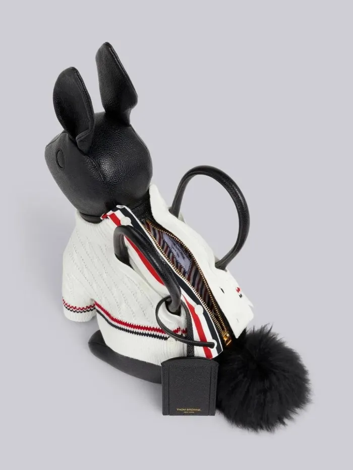 Pebbled Calfskin Cotton Aran Cable Sweater Rabbit Bag Black WomenMen Thom Browne Handbags and Totes