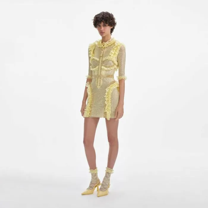 Self Portrait Dresses Yellow Rhinestone Mesh Ruffle Mini Dress 8211 Women