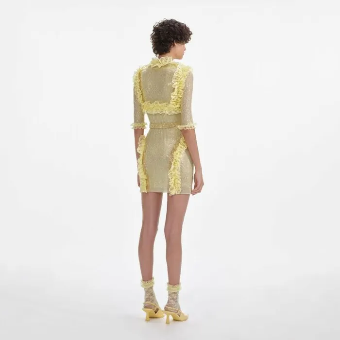 Self Portrait Dresses Yellow Rhinestone Mesh Ruffle Mini Dress 8211 Women