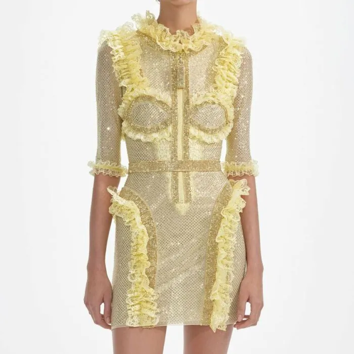 Self Portrait Dresses Yellow Rhinestone Mesh Ruffle Mini Dress 8211 Women