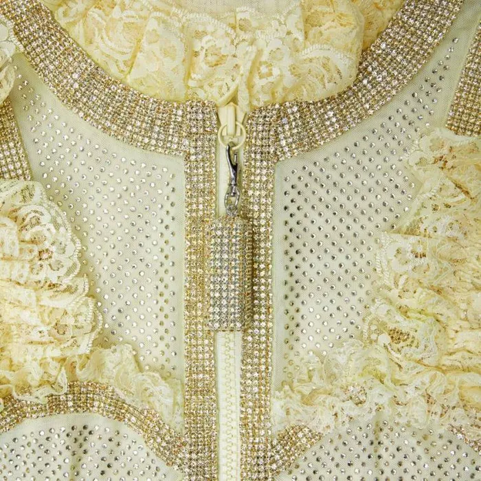 Self Portrait Dresses Yellow Rhinestone Mesh Ruffle Mini Dress 8211 Women