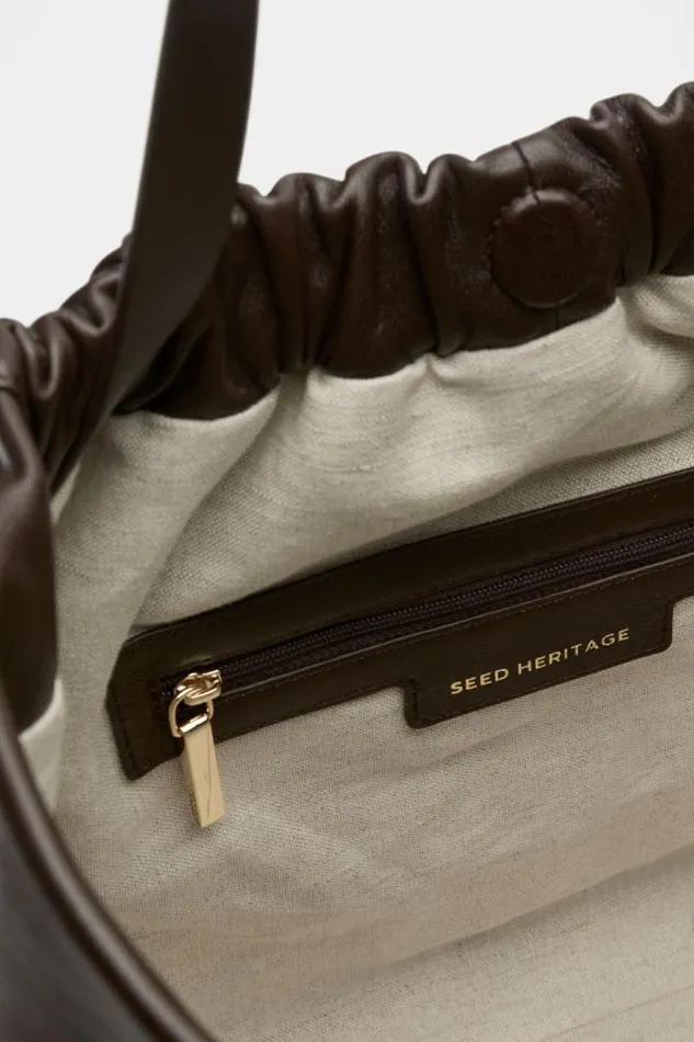 Women Tote Bags Seed Heritage Leather Rouched Tote Dark Espresso