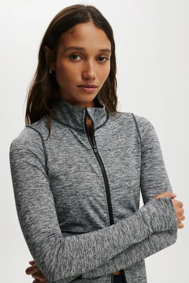 Active Core Zip Through Long Sleeve Salt And Pepper Women Cotton On Tops
