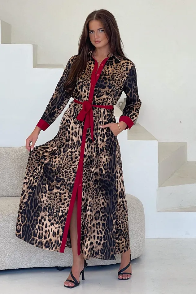 Angela Leopard Print Red Shirt Maxi Dress Women Girl In Mind Maxi Dresses