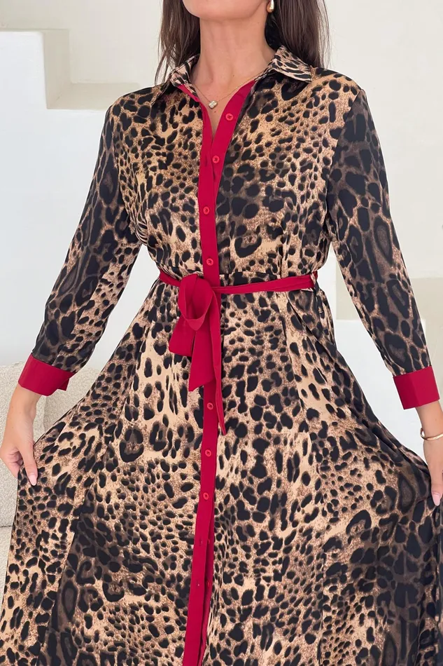 Angela Leopard Print Red Shirt Maxi Dress Women Girl In Mind Maxi Dresses