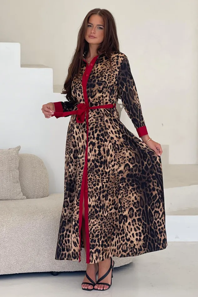 Angela Leopard Print Red Shirt Maxi Dress Women Girl In Mind Maxi Dresses
