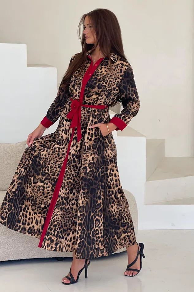 Angela Leopard Print Red Shirt Maxi Dress Women Girl In Mind Maxi Dresses