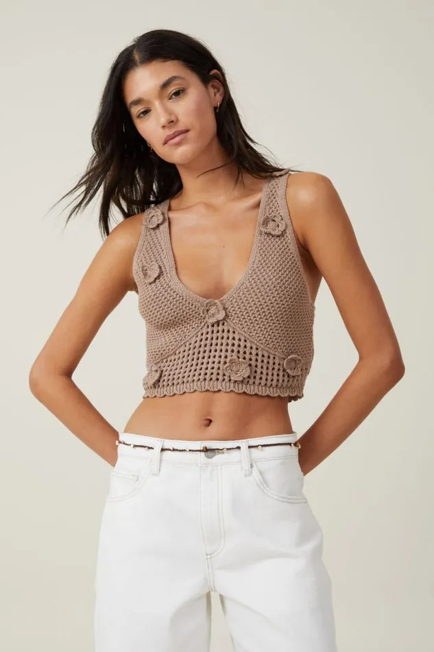 Applique Floral Crochet Tank Mocha Women Cotton On Tops