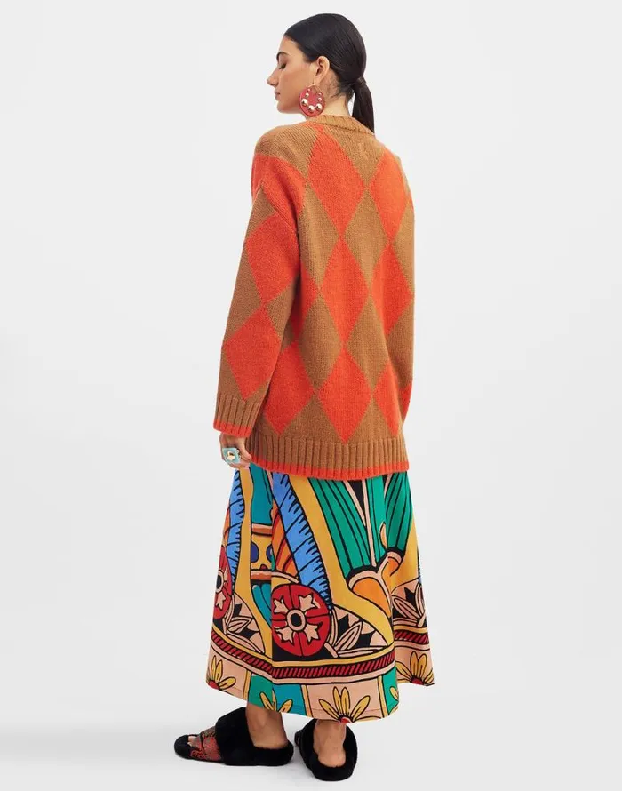 Argyle Cardigan Camel and Orange Women La Double J Knitwear Argyle Cardigan Camel and Orange Women La Double J Knitwear