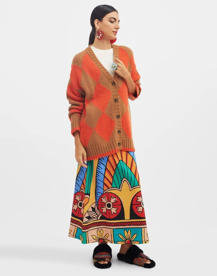 Argyle Cardigan Camel and Orange Women La Double J Knitwear Argyle Cardigan Camel and Orange Women La Double J Knitwear
