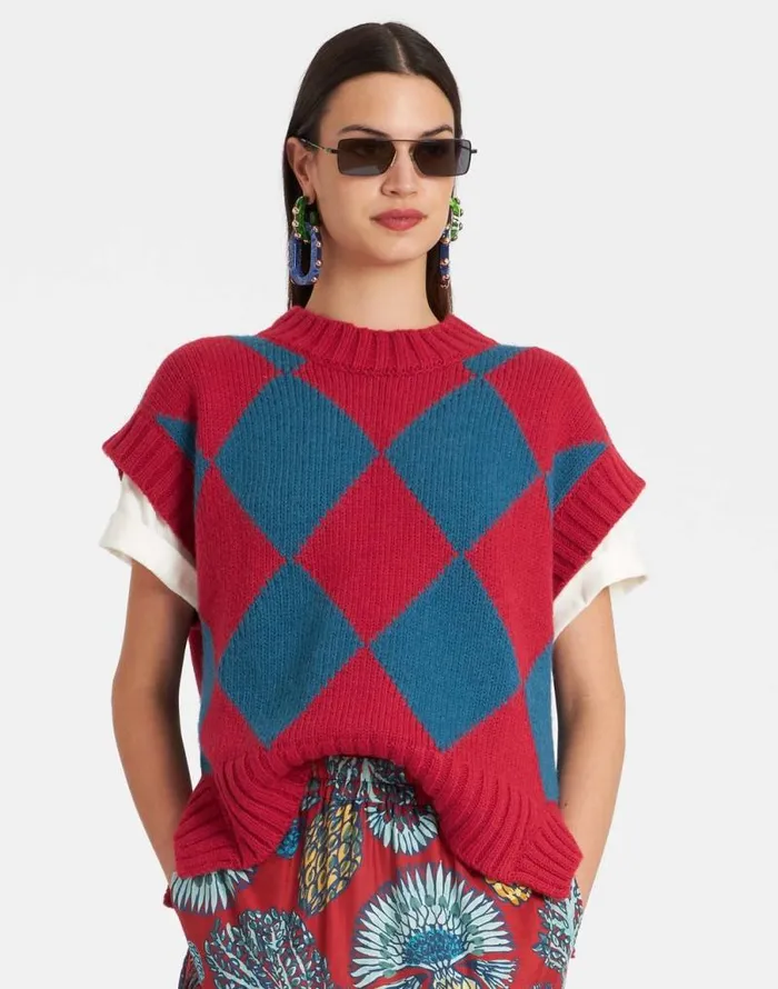 Argyle Gilet Red and Blue Women La Double J Knitwear