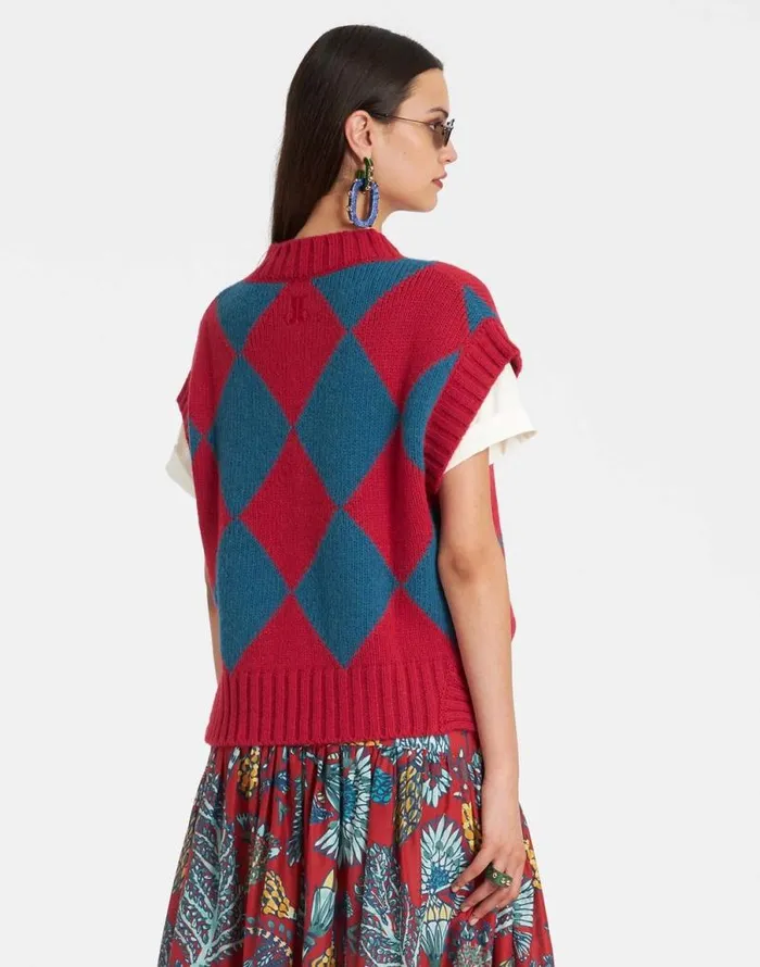 Argyle Gilet Red and Blue Women La Double J Knitwear