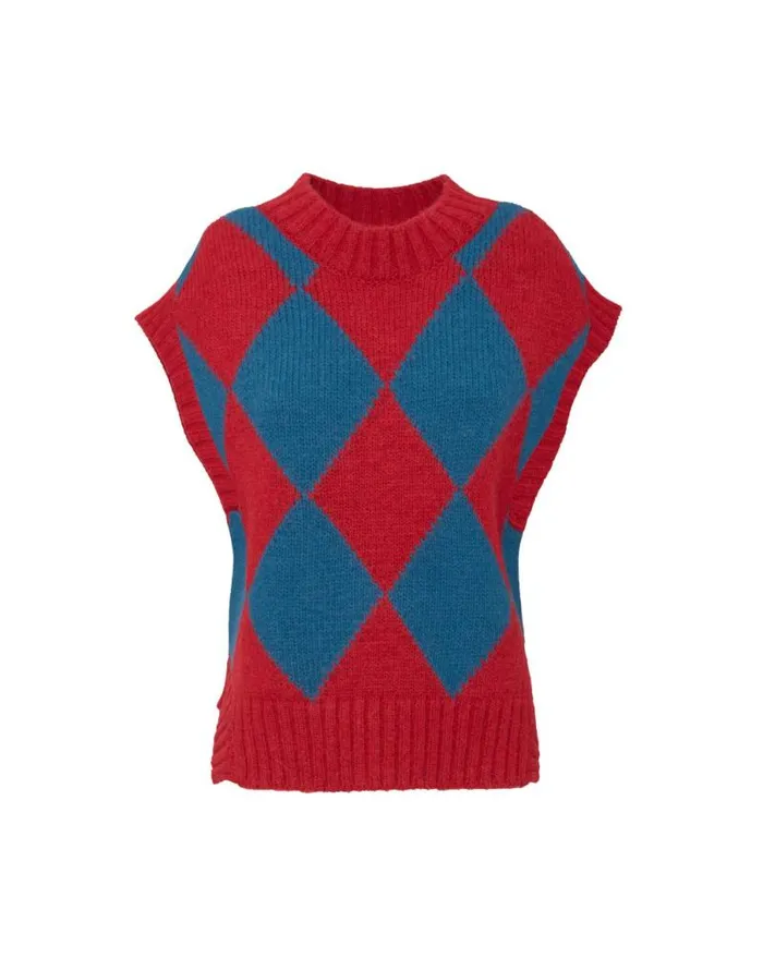 Argyle Gilet Red and Blue Women La Double J Knitwear
