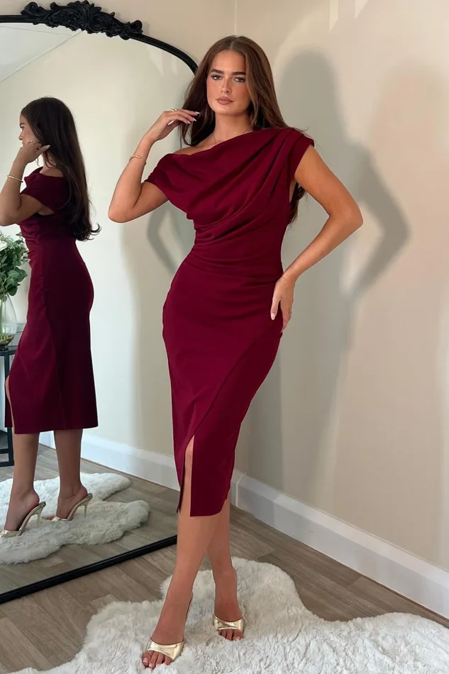 Ariana Asymmetric Midi Dress Wine Women Girl In Mind Bodycon Dresses