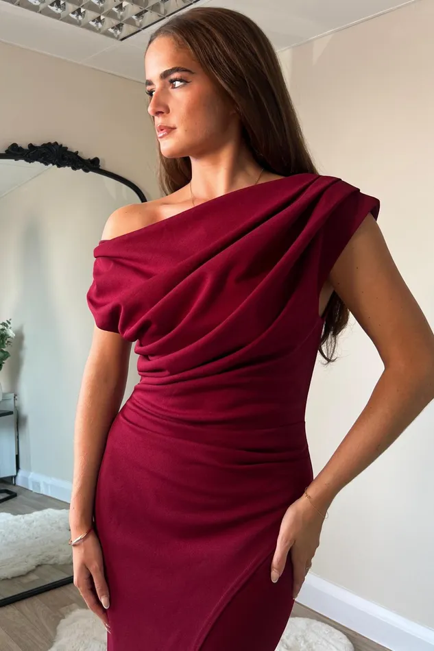 Ariana Asymmetric Midi Dress Wine Women Girl In Mind Bodycon Dresses