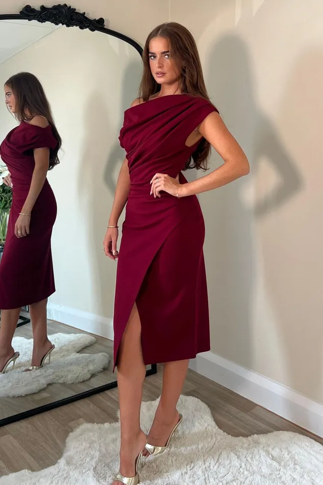 Ariana Asymmetric Midi Dress Wine Women Girl In Mind Bodycon Dresses