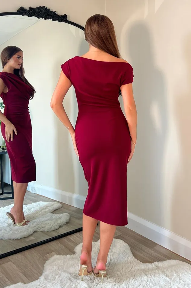 Ariana Asymmetric Midi Dress Wine Women Girl In Mind Bodycon Dresses