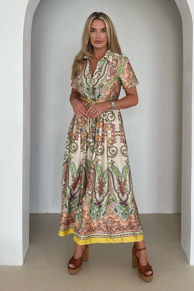 Aurora Maxi Border Print Shirt Dress Peach Women Girl In Mind Shirt Dresses