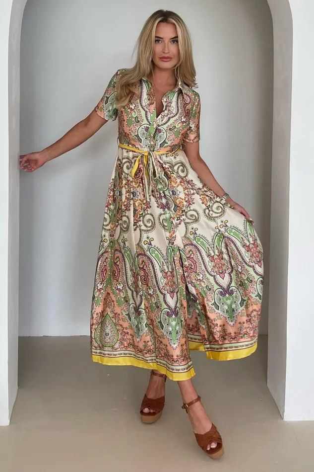 Aurora Maxi Border Print Shirt Dress Peach Women Girl In Mind Shirt Dresses