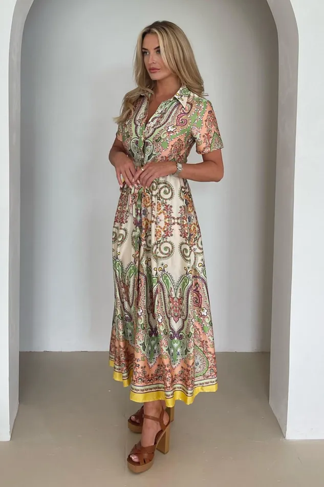 Aurora Maxi Border Print Shirt Dress Peach Women Girl In Mind Shirt Dresses