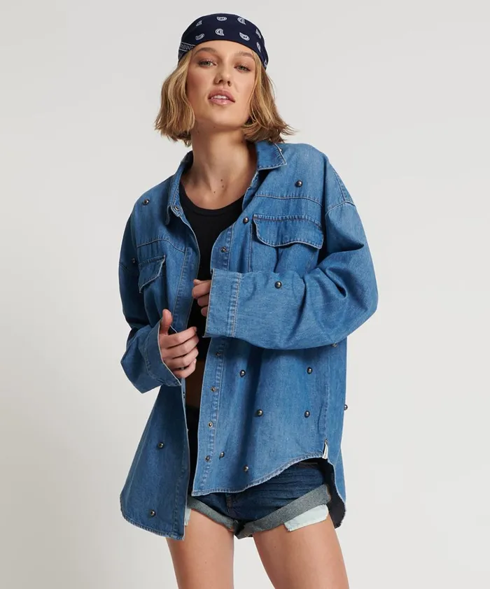 BAY BLUE STUDDED CURTIS DENIM SHIRT Women One Teaspoon Denim Tops