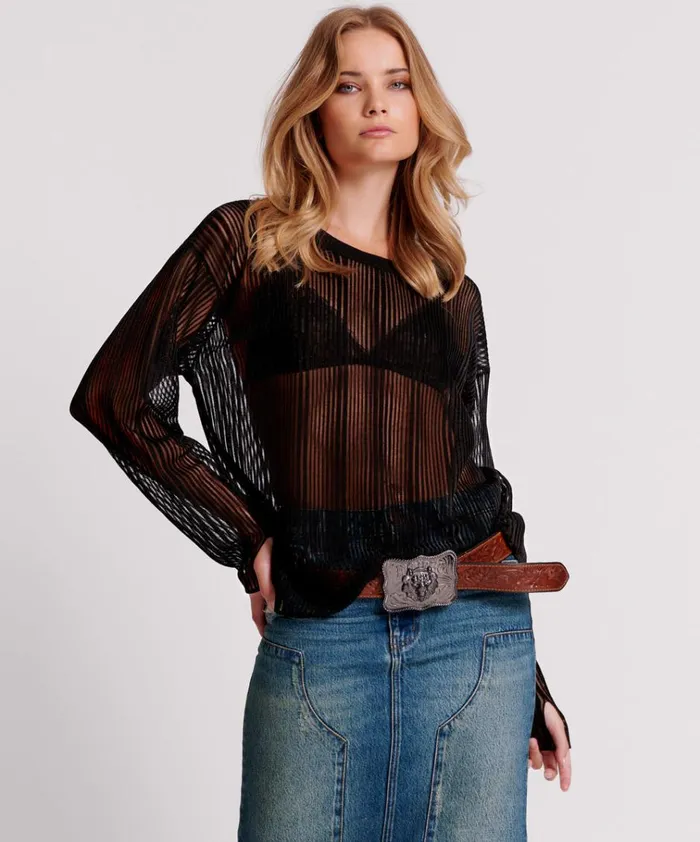 BLACK LADDER STRIPE SHEER KNIT SWEATER Women One Teaspoon Tops