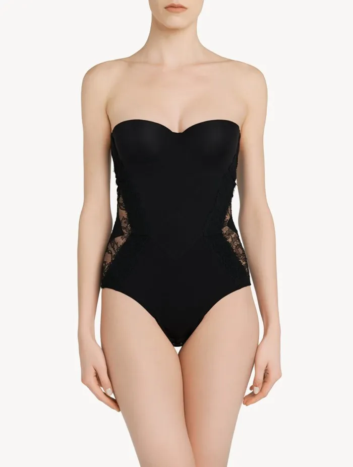 Black Lycra Control Fit Body With Chantilly Lace Lingerie La Perla Bodysuits and Bustiers