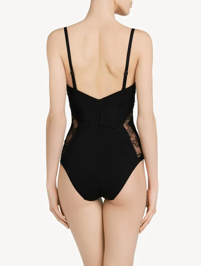 Black Lycra Control Fit Body With Chantilly Lace Lingerie La Perla Bodysuits and Bustiers