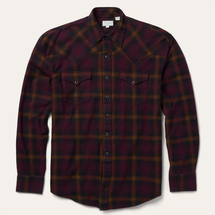 Black Wine Plaid Flannel Western Shirt Wine Men Stetson Classic Cut