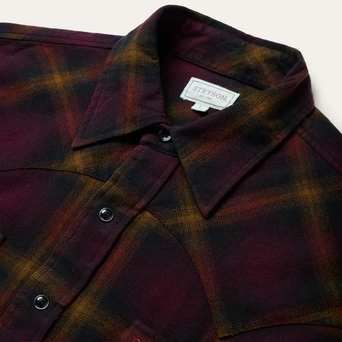 Black Wine Plaid Flannel Western Shirt Wine Men Stetson Classic Cut