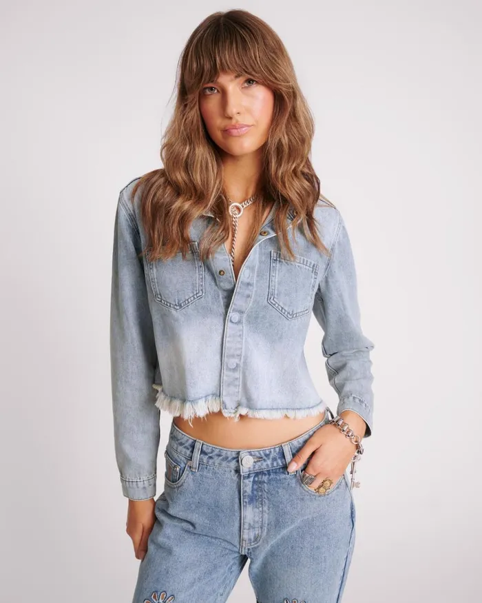BLUE BLOSSOM LONG SLEEVE DENIM BRAXTON TOP Women One Teaspoon Denim Tops