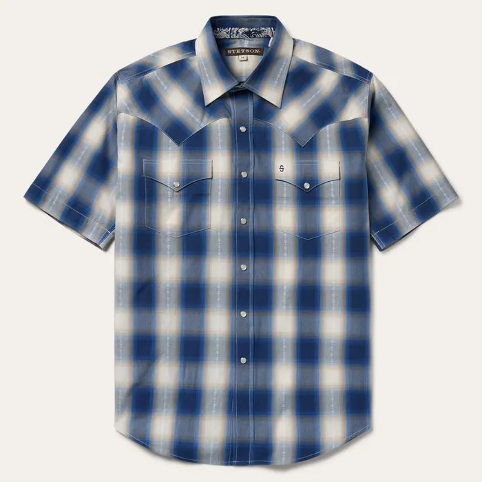 Blue Ombre Plaid Short Sleeve Western Shirt Blue Men Stetson Classic Cut