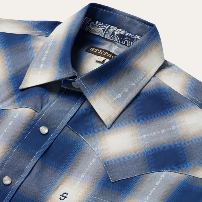 Blue Ombre Plaid Short Sleeve Western Shirt Blue Men Stetson Classic Cut