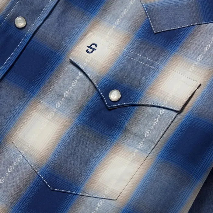 Blue Ombre Plaid Short Sleeve Western Shirt Blue Men Stetson Classic Cut