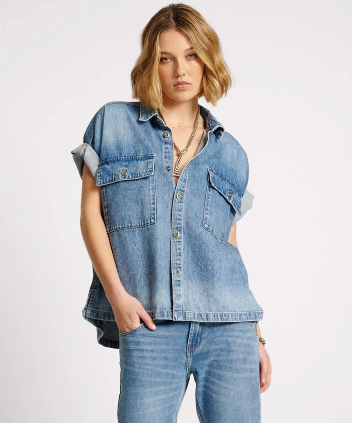 BLUE RAPTURE CUT OFF DENIM SHIRT Women One Teaspoon Denim Shirts