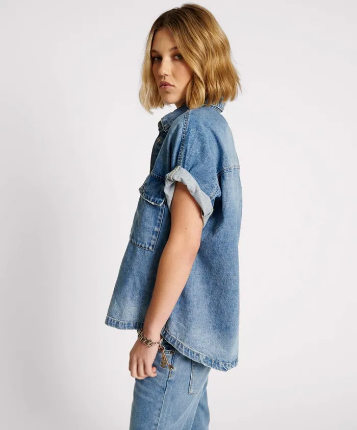 BLUE RAPTURE CUT OFF DENIM SHIRT Women One Teaspoon Denim Shirts BLUE RAPTURE CUT OFF DENIM SHIRT Women One Teaspoon Denim Shirts