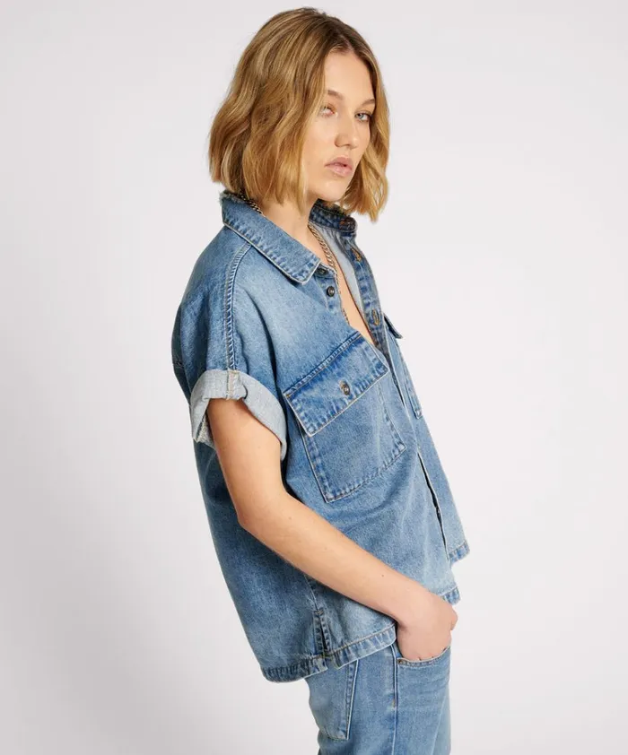 BLUE RAPTURE CUT OFF DENIM SHIRT Women One Teaspoon Denim Shirts BLUE RAPTURE CUT OFF DENIM SHIRT Women One Teaspoon Denim Shirts