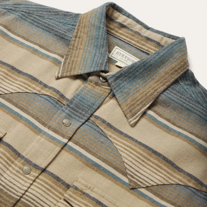 Blue Stripe Flannel Western Shirt Blue Men Stetson Classic Cut