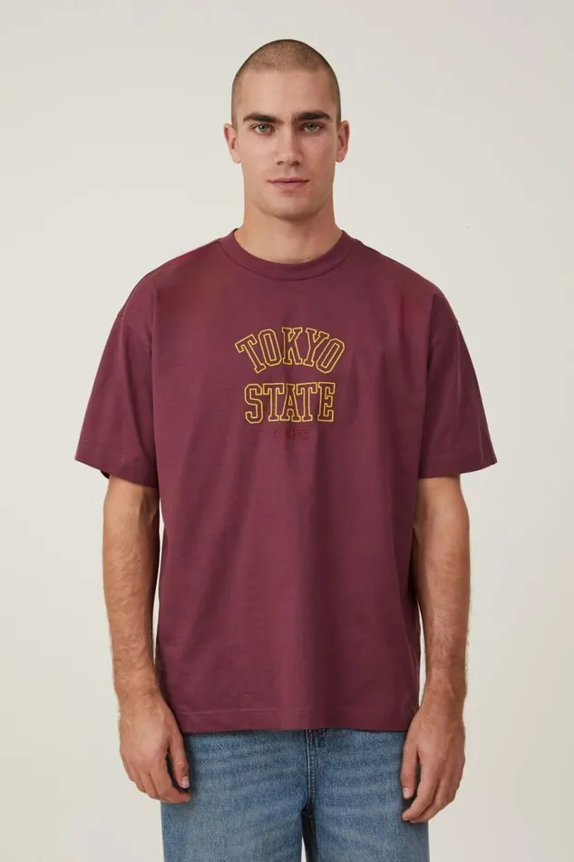 Box Fit College TShirt Burgundy Tokyo State Men Cotton On Tees and Tanks