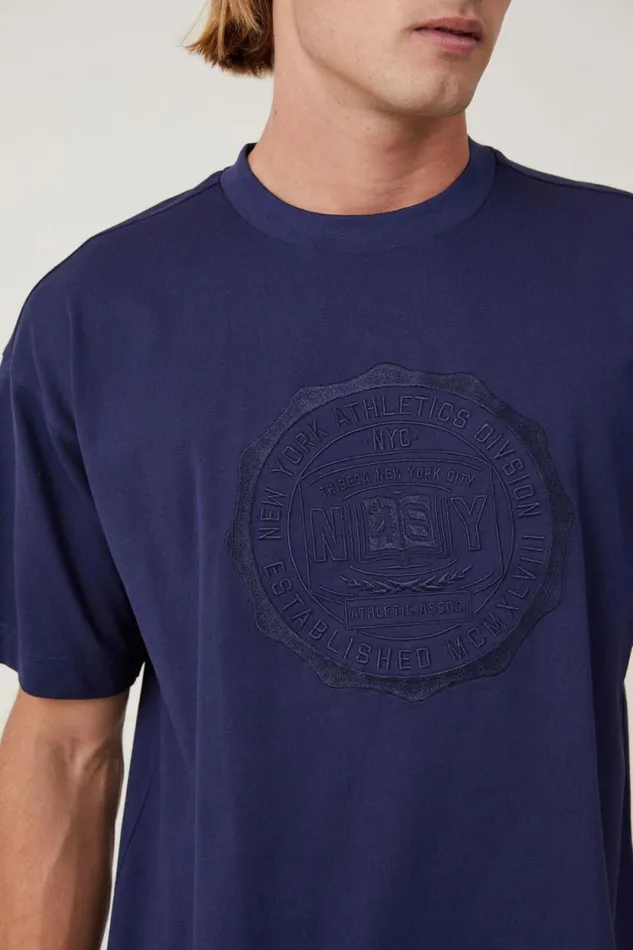 Box Fit College TShirt Indigo Ny Wax Crest Men Cotton On Tees and Tanks Box Fit College TShirt Indigo Ny Wax Crest Men Cotton On Tees and Tanks