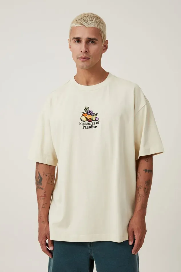 Box Fit Graphic TShirt Ecru Paradise Pleasures Men Cotton On Tees and Tanks