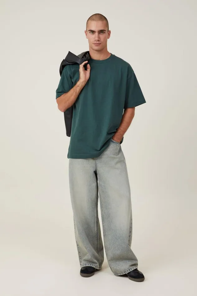 Box Fit Plain TShirt Pine Needle Green Men Cotton On Tees and Tanks