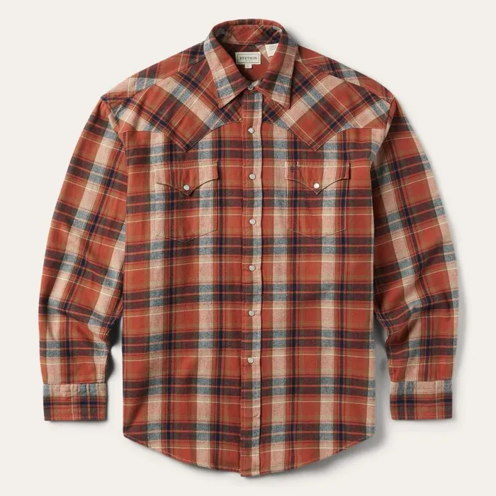Brushed Twill Plaid Shirt Orange Men Stetson Flannel Shirts