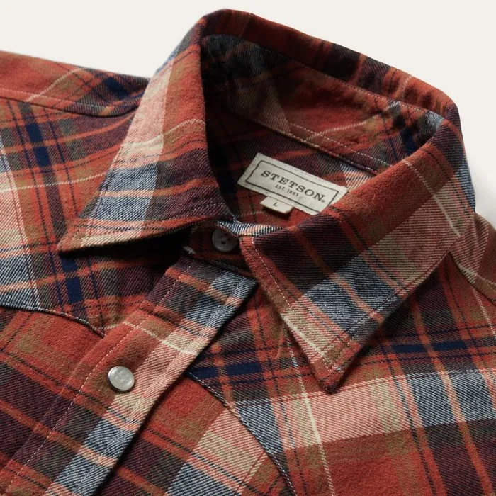 Brushed Twill Plaid Shirt Orange Men Stetson Flannel Shirts