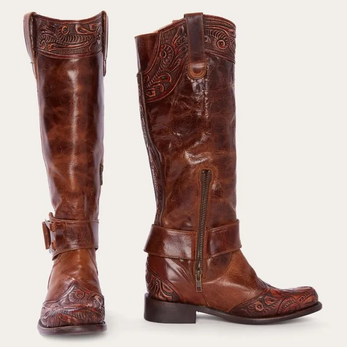 Burnished Cognac Paisley Side Zip Cowboy Boot Tan Women Stetson Western